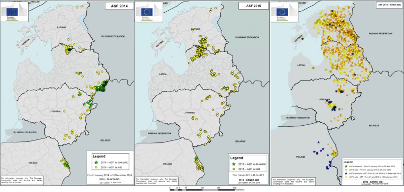 Диаграммы 4, 5 и 6. Динамика вспышек африканской чумы свиней с 2014 г. Источник получения диаграмм: Европейская Комиссия
