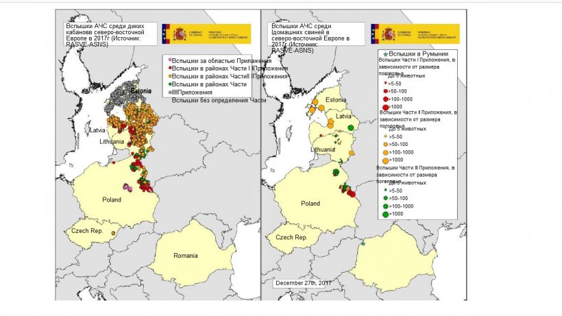 Карта вспышек, зарегистрированных в Эстонии, Латвии, Литве, Польше, Чехии и Румынии в 2017г. (Источник:RASVE-ADNS)
