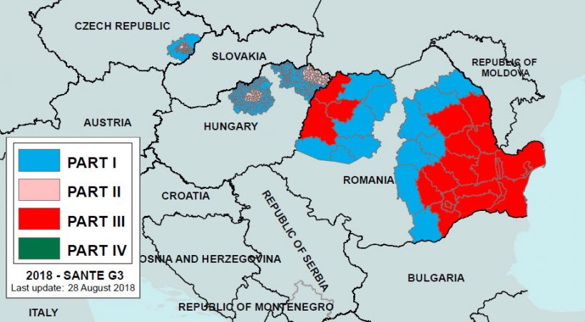 Фото 2. Регионализация АЧС в Румынии и соседних странах по сообщению на 28 августа&nbsp;2018. Часть&nbsp;I: Область с высокой степенью риска и отсутствием вспышек. Часть&nbsp;III: АЧС как среди домашних, так и диких свиней. Источник: Европейская Комиссия.
