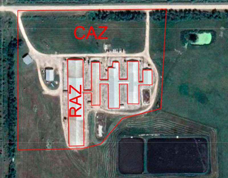 Фото 1. Зона с ограниченным доступом (RAZ) и зона с контролируемым доступом (CAZ). Граница чистой/грязной зоны. https://www.cpc-ccp.com/visitor-and-farm-biosecurity
