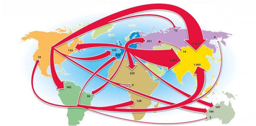 Основные торговые потоки в 2020 году в тысячах тонн (торговля свыше 100,000 тонн). Источник: IFIP.
