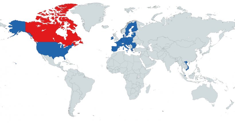 Фото 1. Страны, с которыми у Канады заключены соглашения о регионализации (Вьетнам, Сингапур, ЕС и США).&nbsp;
