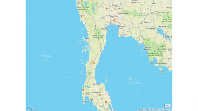 Вспышки АЧС в Таиланде на карте&nbsp; &copy; OpenStreetMap contributors.&nbsp;https://www.openstreetmap.org/copyright
