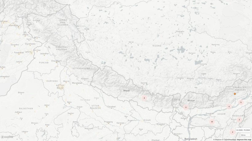 Местоположение шести зарегистрированных к настоящему времени вспышек в Непале. Также указаны другие близлежащие кластеры вспышек.&nbsp;Источник: МЭБ из&nbsp;&copy;OpenStreetMap
contributors (https://www.openstreetmap.org/about/)
