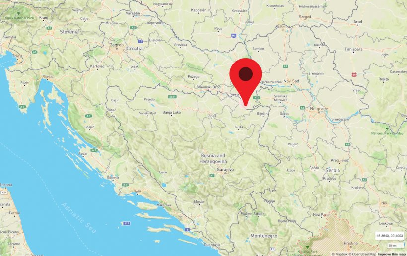 Местоположение первых двух вспышек АЧС в Хорватии.
