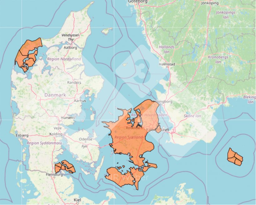 Фото 3. Статус национальной стратегии сокращения РРСС в Дании. Оранжевый цвет представляет собой установленные региональные программы ликвидации.
