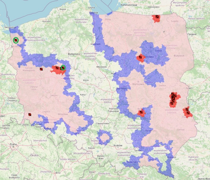 Две новые вспышки АЧС в Польше отмечены зеленым цветом

