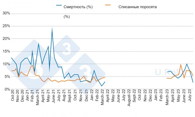 Рисунок 5. Смертность (%) и доля поросят второй категории при отъеме до (октябрь 2020 г. - март 2022 г.) и после (март-июль 2023 г.) депопуляции/повторной популяции.
